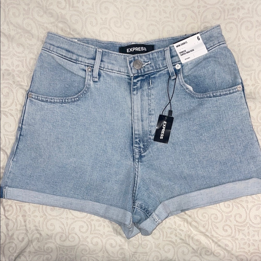 NWT Express Blue Mom Jean Shorts High-Waisted, Cuffed